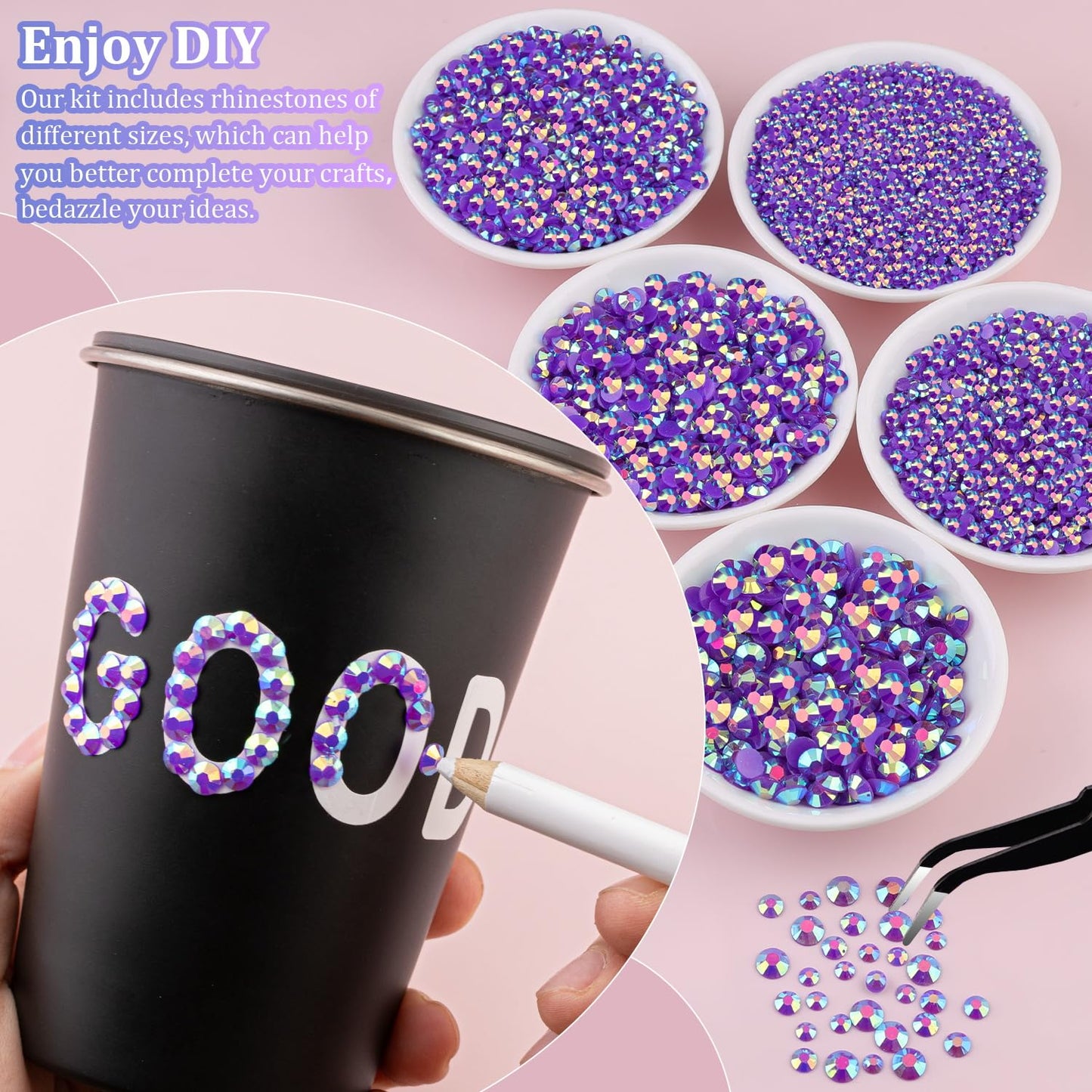 30000Pcs Resin Rhinestones for Bedazzling with Tweezers, Dark Purple AB Rhinestones for Crafting with B7000 Jewelry Glue for DIY Crafts Clothing Tumblers Shoes Fabric Nail Art