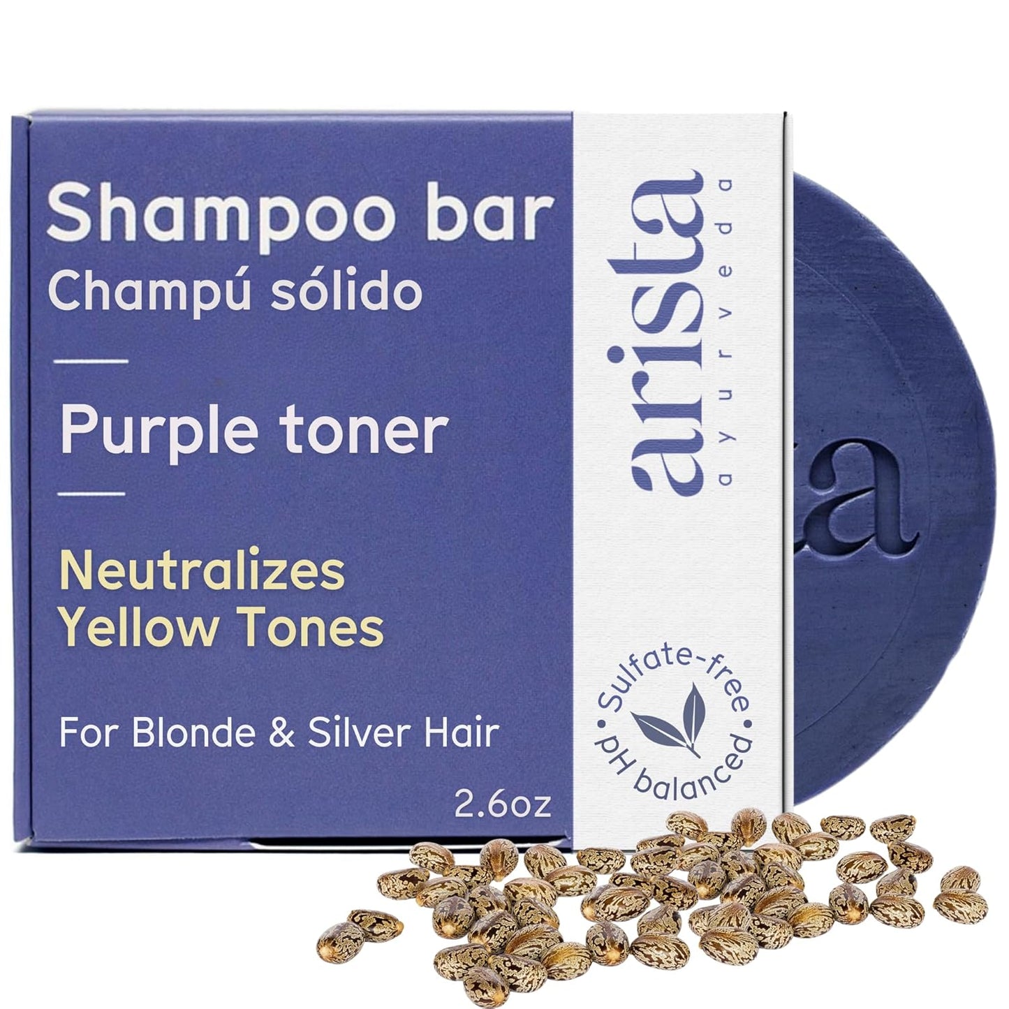 Arista Purple Shampoo Bar, Amla Fruit Powder, Purple Toner & Castor Oil, Moisturizing & Plastic Free Hair Soap, Sulfate Free Solid Shampoo Puck for Grey Hair