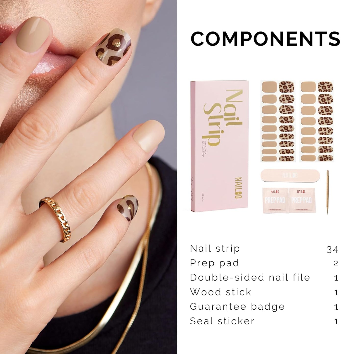 Semi Cured Gel Nail Strips - NAILOG 34 Pcs Gel Nail Stickers | Buy 2 Get 1 UV Light | Extra Long Nail Wraps with Glossy Gel Finishing Brown, Desert Wild