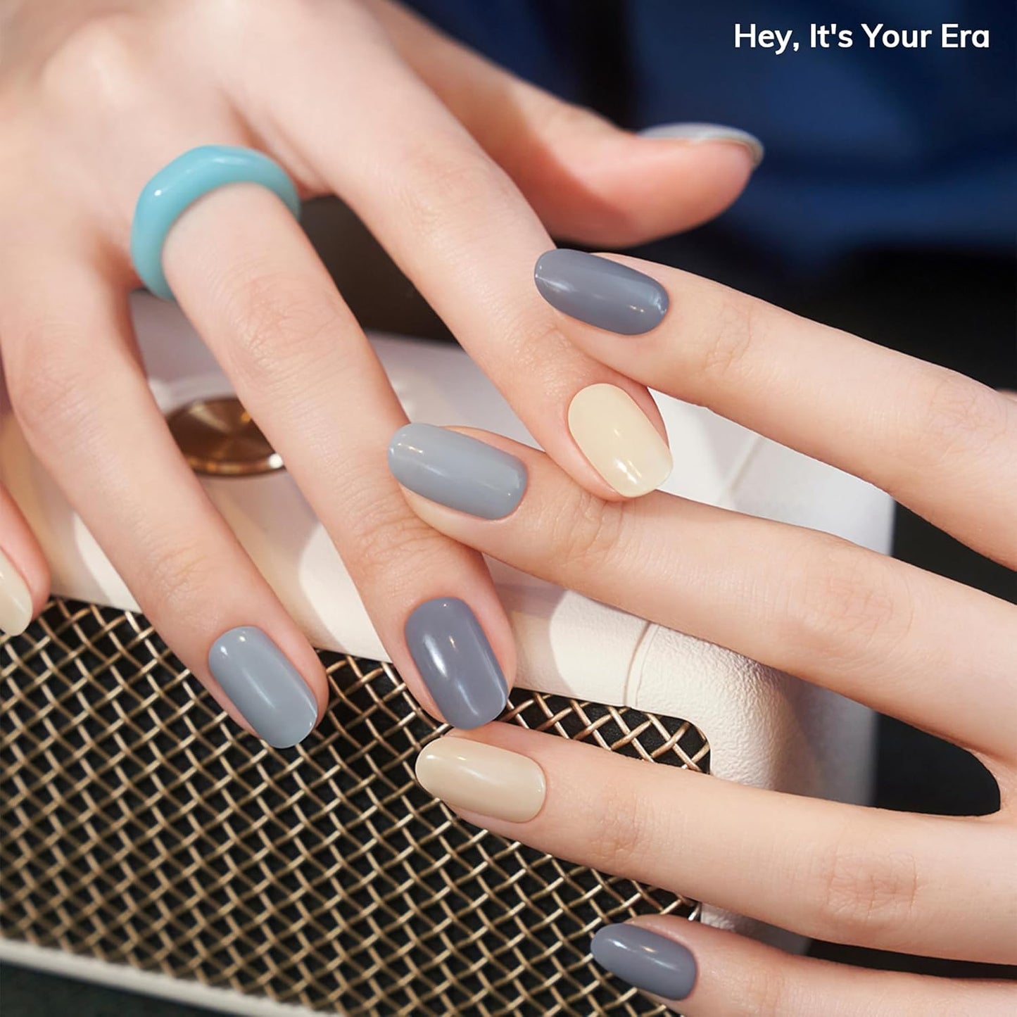 Semi Cured Gel Nail Strips | No LED Lamp Needed | Solid, Blue, Spring | Easy Apply & Remove, Salon Quality | Includes 28 Strips, 1 Prep Pads, Nail File & Wooden stick - Hey, It's Your Era