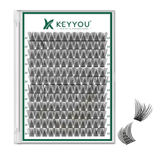 KEYYOU Lash Clusters 144pcs Individual D Curl 14mm Air Touch Cluster Lashes Super Lightweight Soft Wispy Comfortable Easy DIY at Home