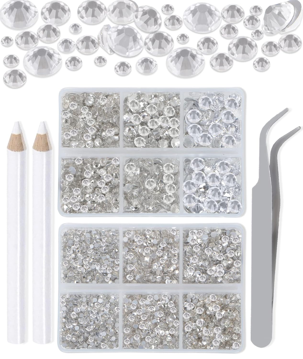 LPBeads 6000 Pieces Clear Non Hotfix Rhinestones 6 Sizes Round Crystal Glass Flat Back Rhinestones with Tweezers and Picking Pen for Nail Art Crafts Clothes Bags DIY