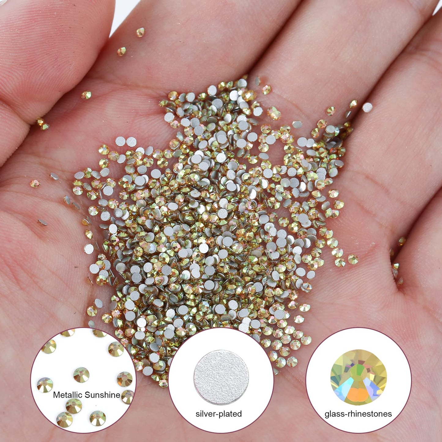 3000Pcs Metallic Sunshine Crystal Rhinestones,Glass Flatback Rhinestones Mini Gemstones for Nail Face Makeup Art Crafts Clothes Decoration-(SS6,2.0mm,Metallic Sunshine)