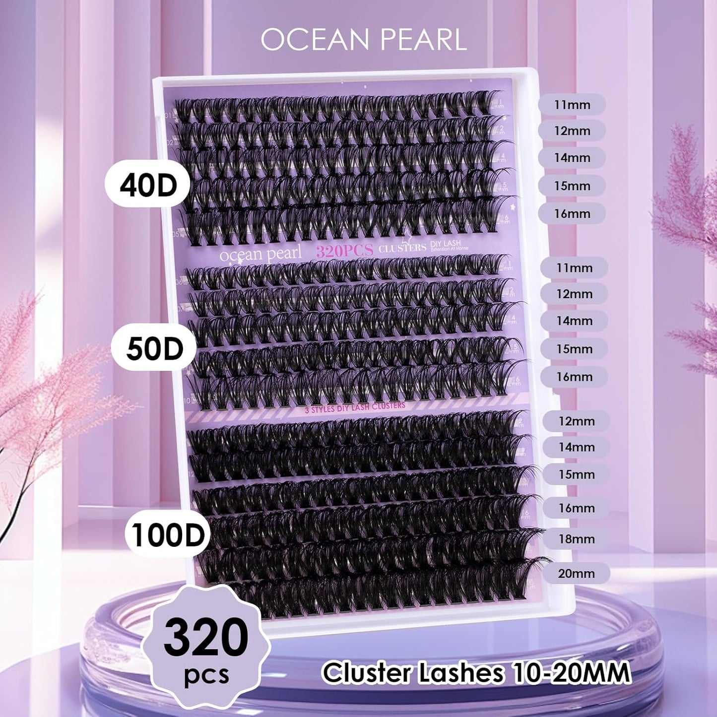 Ocean Pearl Lash Clusters 320PCS Thick Individual Lashes 11-20MM 40D 50D 100D DIY Lash Extension Soft Eyelashes Thick Volume Fake Lashes D Curl Cluster Eyelash Extensions For Beginners-40+50+100D