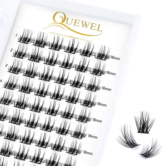 QUEWEL Cluster Lashes 72 Pcs Wide Stem Individual Lashes C/D Curl 8-16mm Length DIY Eyelash Extension False Eyelashes Soft for Personal Makeup Use at Home (Fluffy02-C-16)
