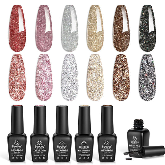 Beetles Reflective Glitter Gel Nail Polish Set, 6 Colors Holographic Sparkle Glitter Gel Polish Flash Diamond Sliver Gold Black Red UV LED Soak Off Manicure Gift for Women Girls