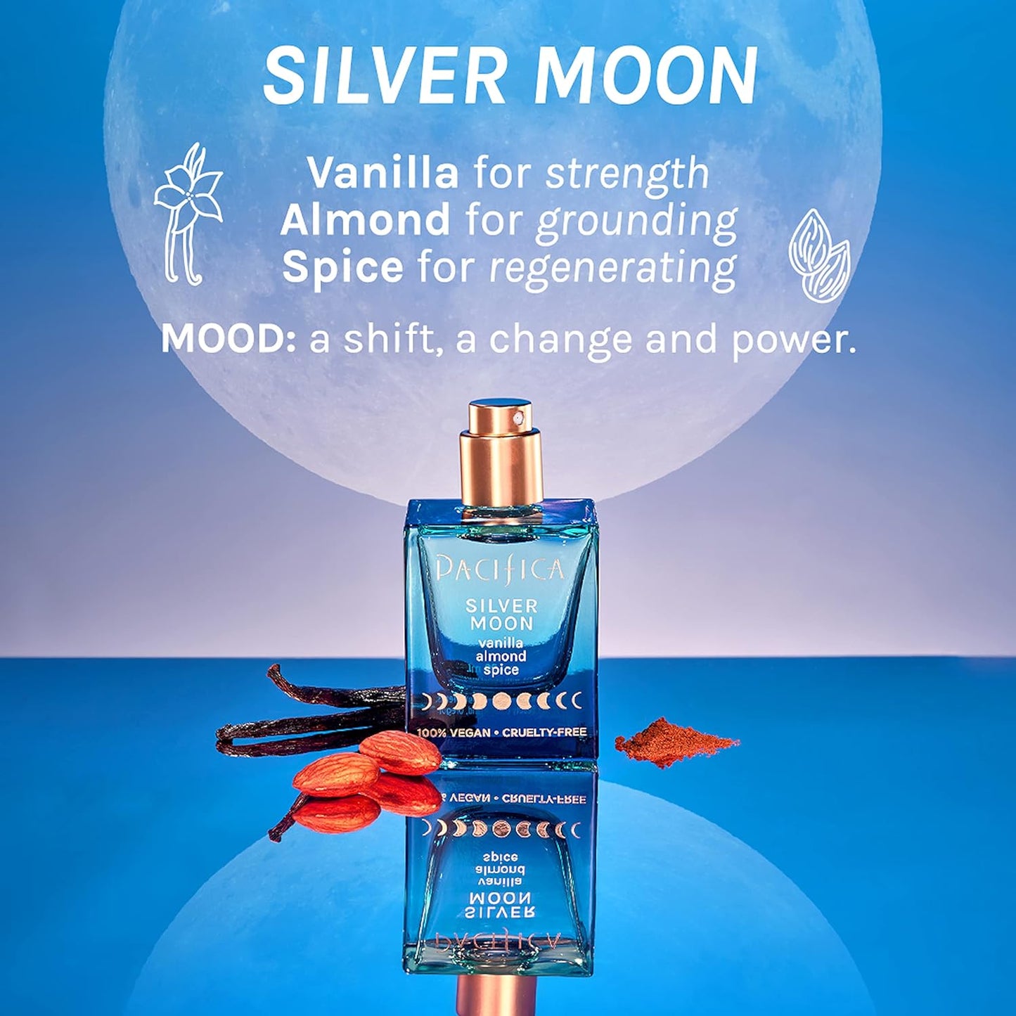 Pacifica Silver Moon Perfume 1oz – Long-Lasting Warm Vanilla & Almond Clean Fragrance for Women Vegan, Cruelty-Free, Essential Oils, Non Toxic