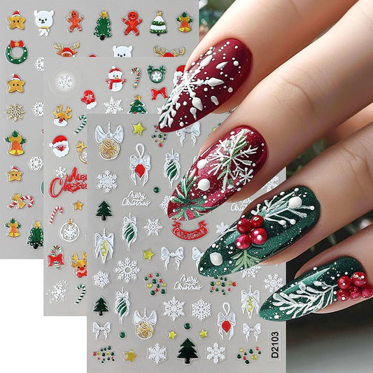 Christmas Nail Stickers 3 Sheret Christmas Nail Art Stickers DIY Self-Adhesive 3D Embossed Stickers with Santa Reindeer Snowman Bells Snowflake Bow Tree Designs Winter Christmas Nail Art Decorations