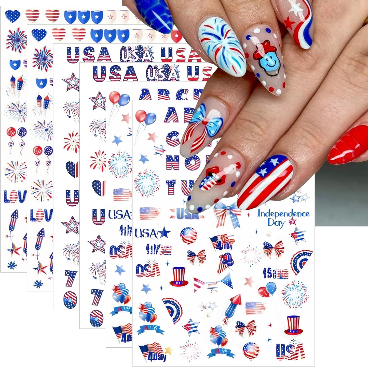 6 Sheets 4th of July Nail Stickers for Nail Art Independence Day Nail Decals 3D Self-Adhesive USA Flag Fireworks Letters Numbers Star Sticker Nail Designs Fourth of July Nails Decoration DIY for Women