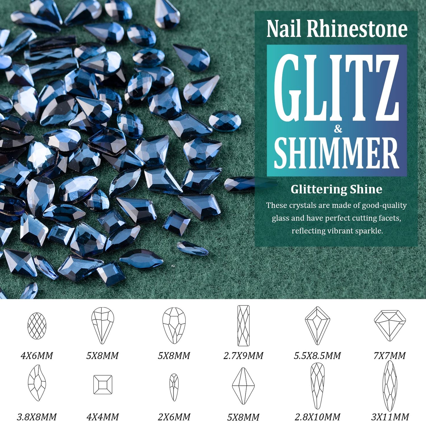 Multi Shapes Black Blue 3D Glass Crystal Nail Art Rhinestones Kit with Flatback Round Bead Charm Gem Stone Jewelry Diamond with Pickup Pen + Tweezer for Manicure Makeup DIY Craft Decoration