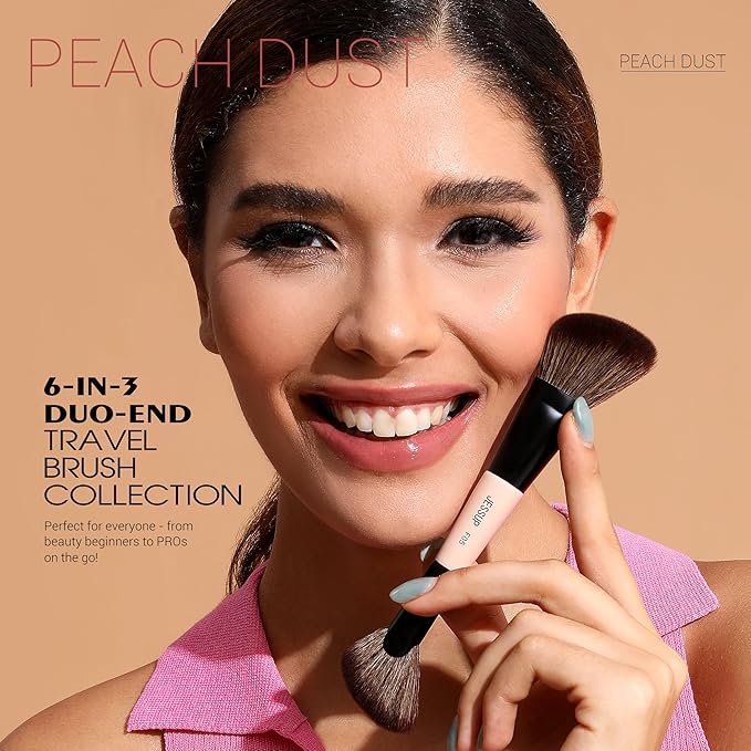 Jessup Travel Makeup Brushes Set 3pcs, Double Sided Contour Brush Dual Ended Eye Shadow Shader Eyeliner Brush, Multi-functional Makeup Set Peach Dust T507
