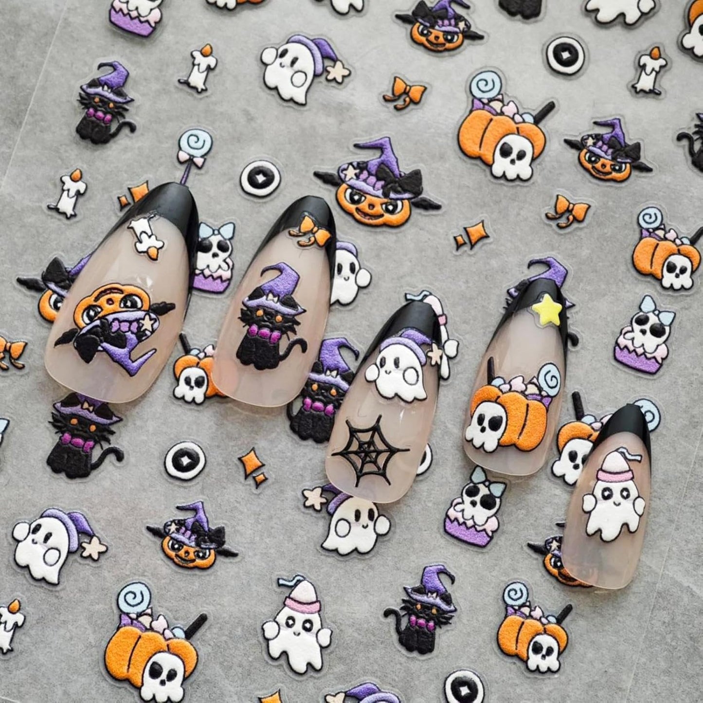 Ghost Nail Sticker Decals Halloween Nail Art Stickers Cat Nails Art Decals with Pumpkin Design 5D Self Adhesive Nails Decoration for Women Girls Kid Manicure DIY Decoration Cute Accessories