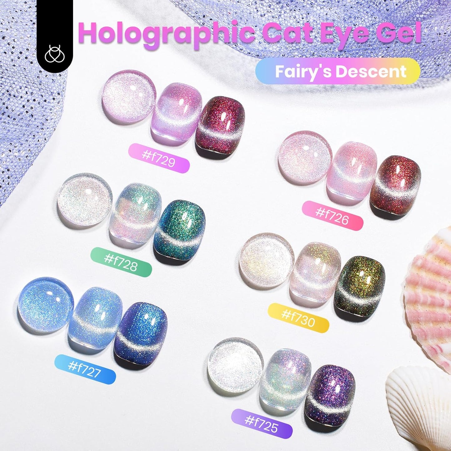 Beetles Cat Eye Gel Nail Polish Set - 6 Colors Summer Chameleon Cat Eye Green Silver Pink Blue Purple Green with Magnet Soak Off UV Fairy's Descent Collection Salon Nail Art Manicure Gift for Women