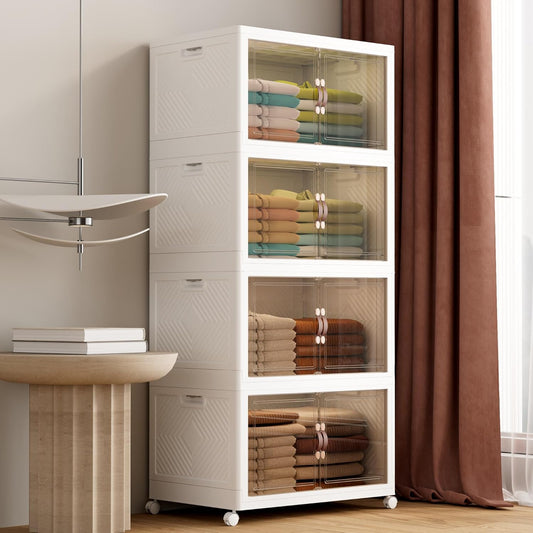 JOYMOOP Folding Storage Bins Organizer, 336 Quart Collapsible Storage Boxes with Wheels and Door, Stackble Plastic Storage Container for Clothing, Books and Sundries (XXL, 21 Gal Per, 4 Tiers)