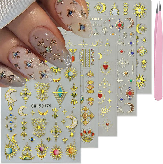 Egyptian Style Nail Art Stickers Decals Gold Sun Moon Nail Decals 5D Self Adhesive for Women Nails Design Decoraion 3D Crown Mails Stickers Supplies