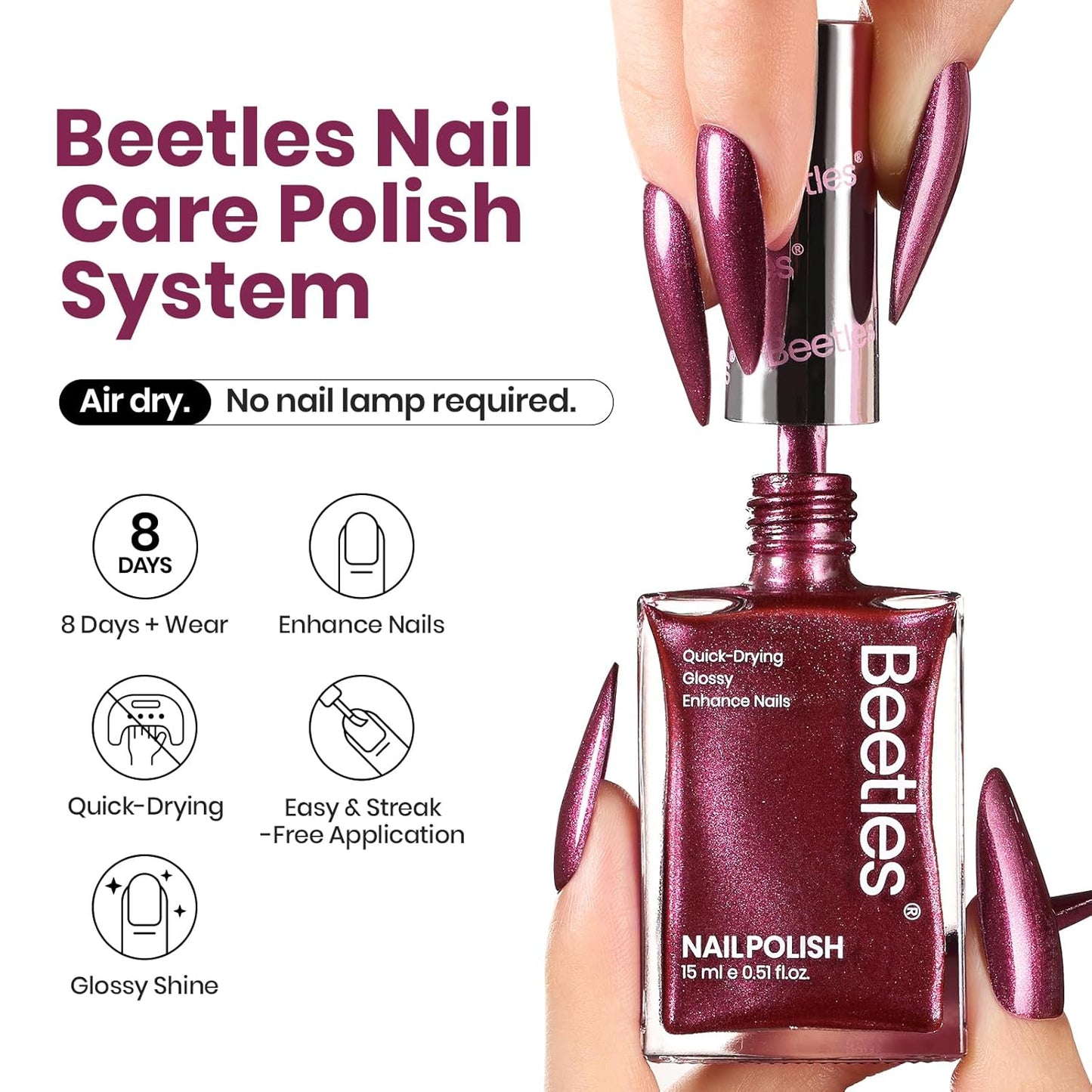 Beetles 1Pcs 15ml Red Nail Polish,Nail Polish Fast Drying & Long Lasting Nail Lacquer Red Cheerful Crimson Glitter Art Effect for Nail DIY Salon at Home Gifts for Women