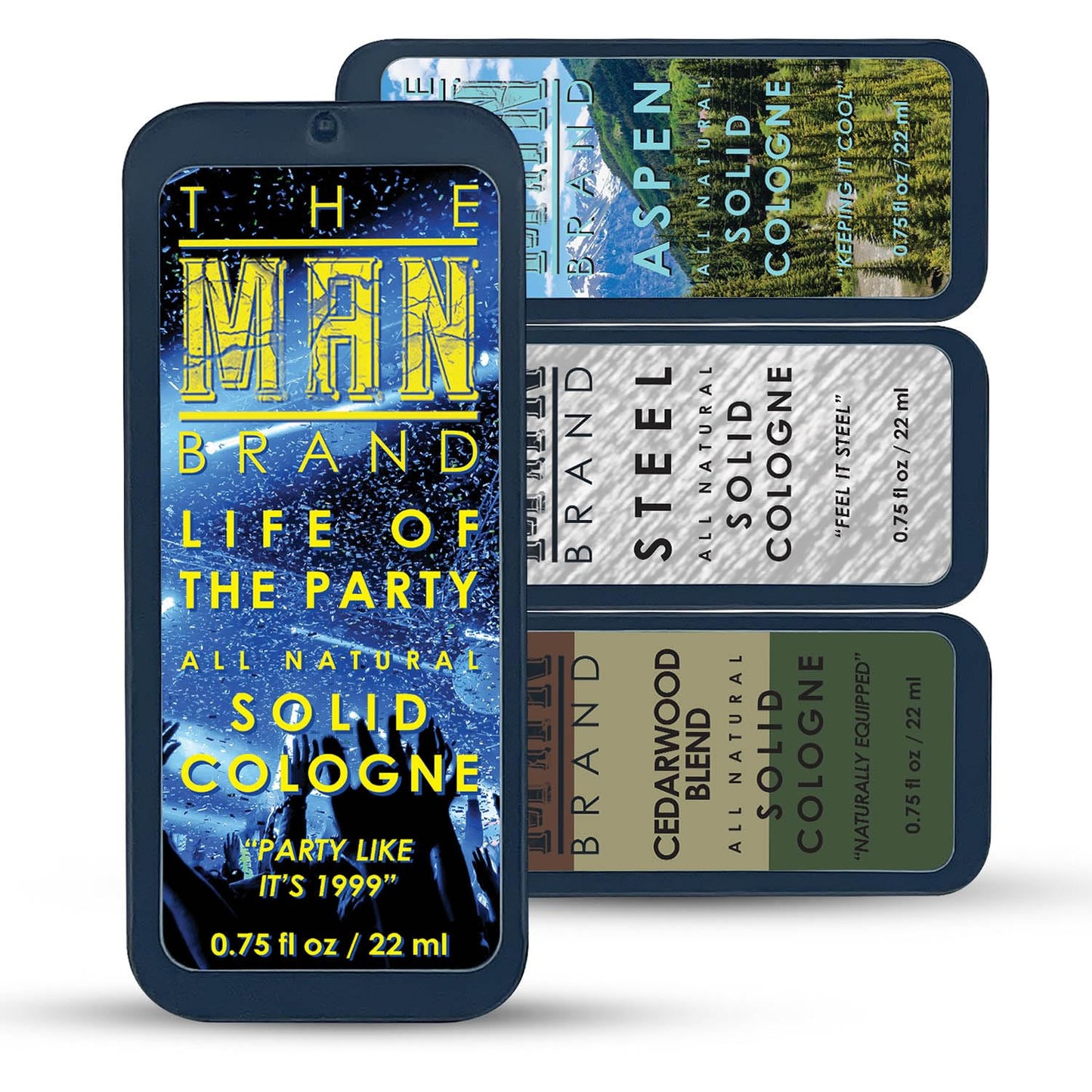 Solid Cologne Sample Set with Aspen Solid Perfume, Woodsman Solid Cologne, Steel, and Life of the Party Cologne - (Fellowship Solid Cologne Man Sampler Pack - 4 Pack - 0.75 oz each)