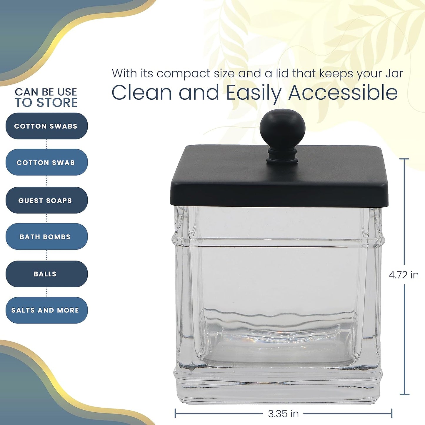 H Halston Apothecary Glass Cotton Jar Holder for Qtips, Cotton Balls, Floss, Storage Canister, Bathroom Organization, With Matte Black 304L Stainless Steel Lid, Makeup Vanity Organizer