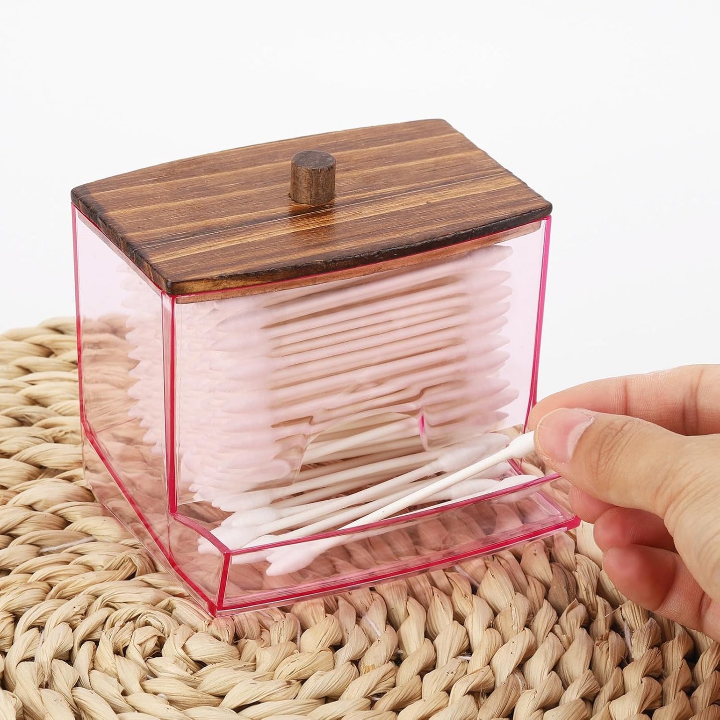 Tbestmax 10oz Qtip Dispenser, Big Cotton Swab Holder Pink Bathroom Accessories Organizer for Storage - Qtips Cotton Ball, Floss Container (Wood Lid)