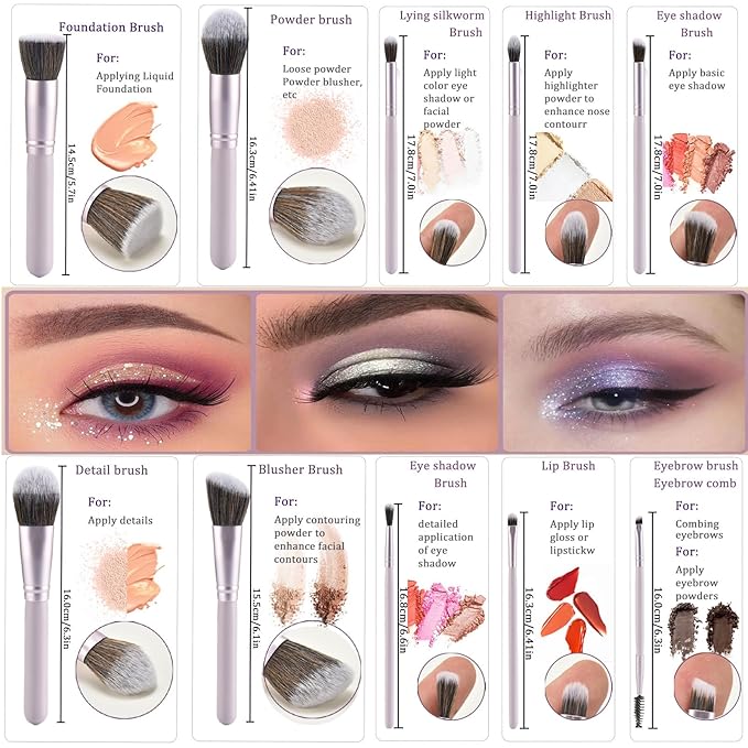 10 Piece Purple Makeup Brushes Set and 3 Piece Makeup Sponge - Wooden Handle with Soft Synthetic Bristles, for Face & Eye Makeup | Professional Cosmetic Brushes | Includes Travel Pouch