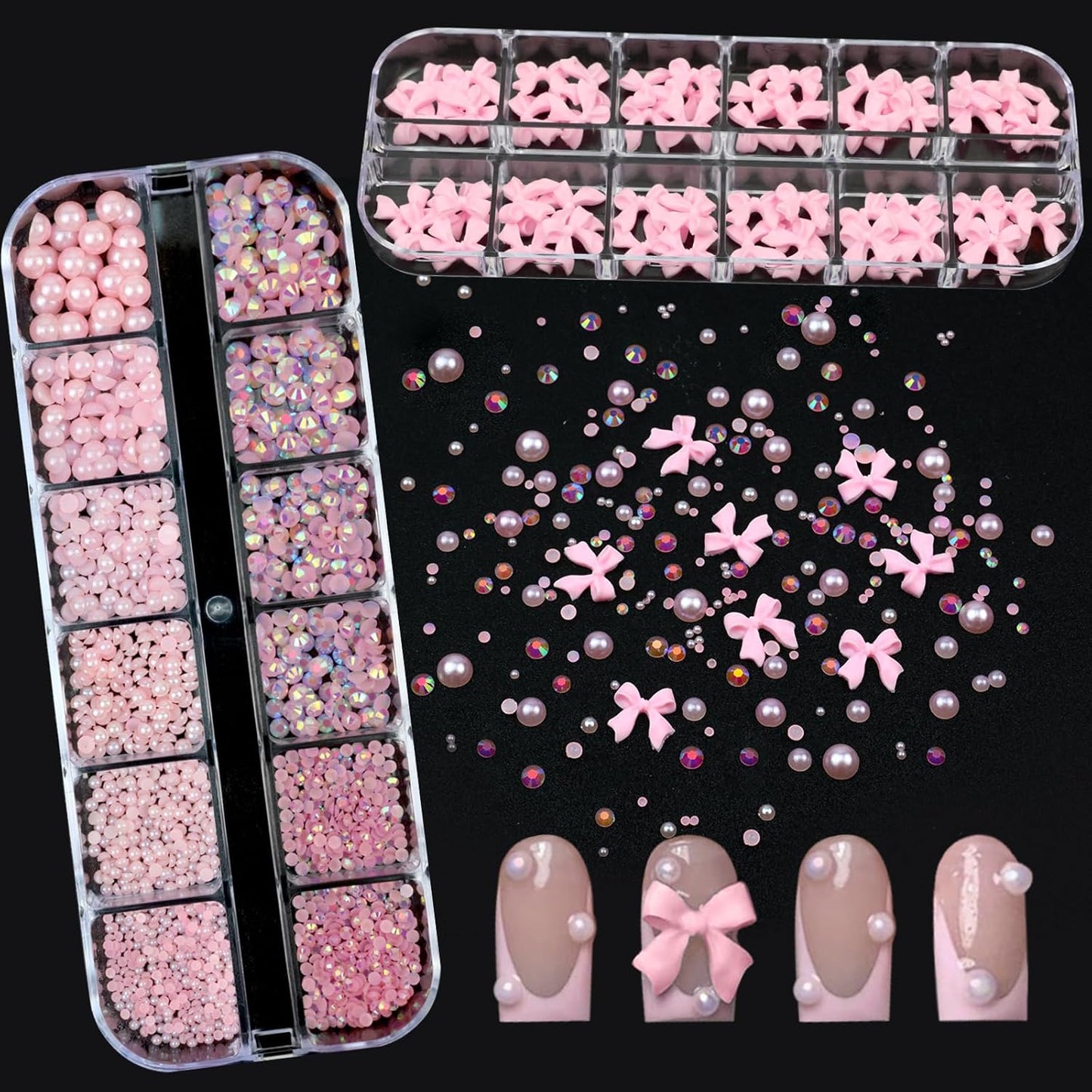 Nail Art Rhinestones Pink Bows Nail Charms Resin Clear Jelly Rhinestones Pearls Glitter Supplies Crystal Gems Mimi Diamond Accessories for Women Manicure Decorations Design