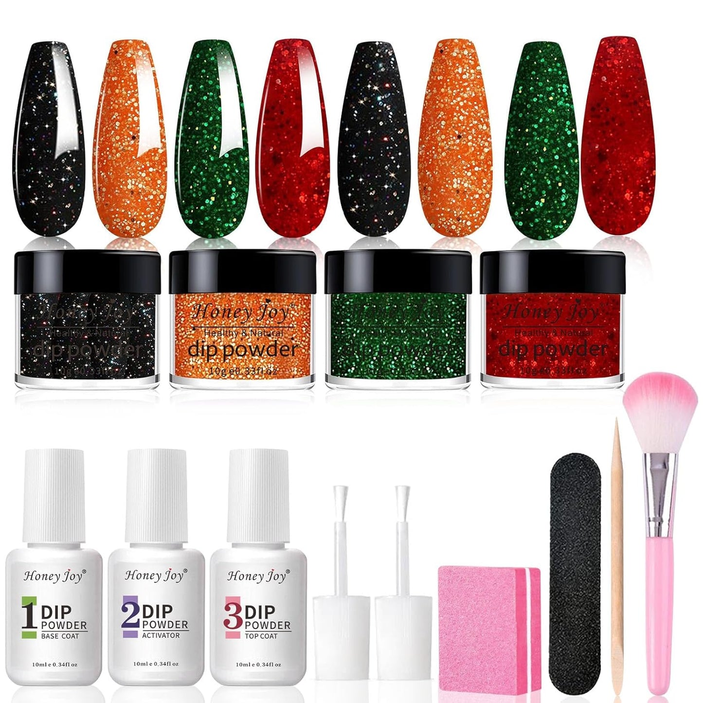 Honey Joy Dip Powder Nail Kit Starter, 4 Colors Halloween Christmas Green Red Black Orange Glitter Dipping Powder Liquid Set with Base Top Coat for Nail Art Manicure Salon DIY, Dip-7pcs-No.11