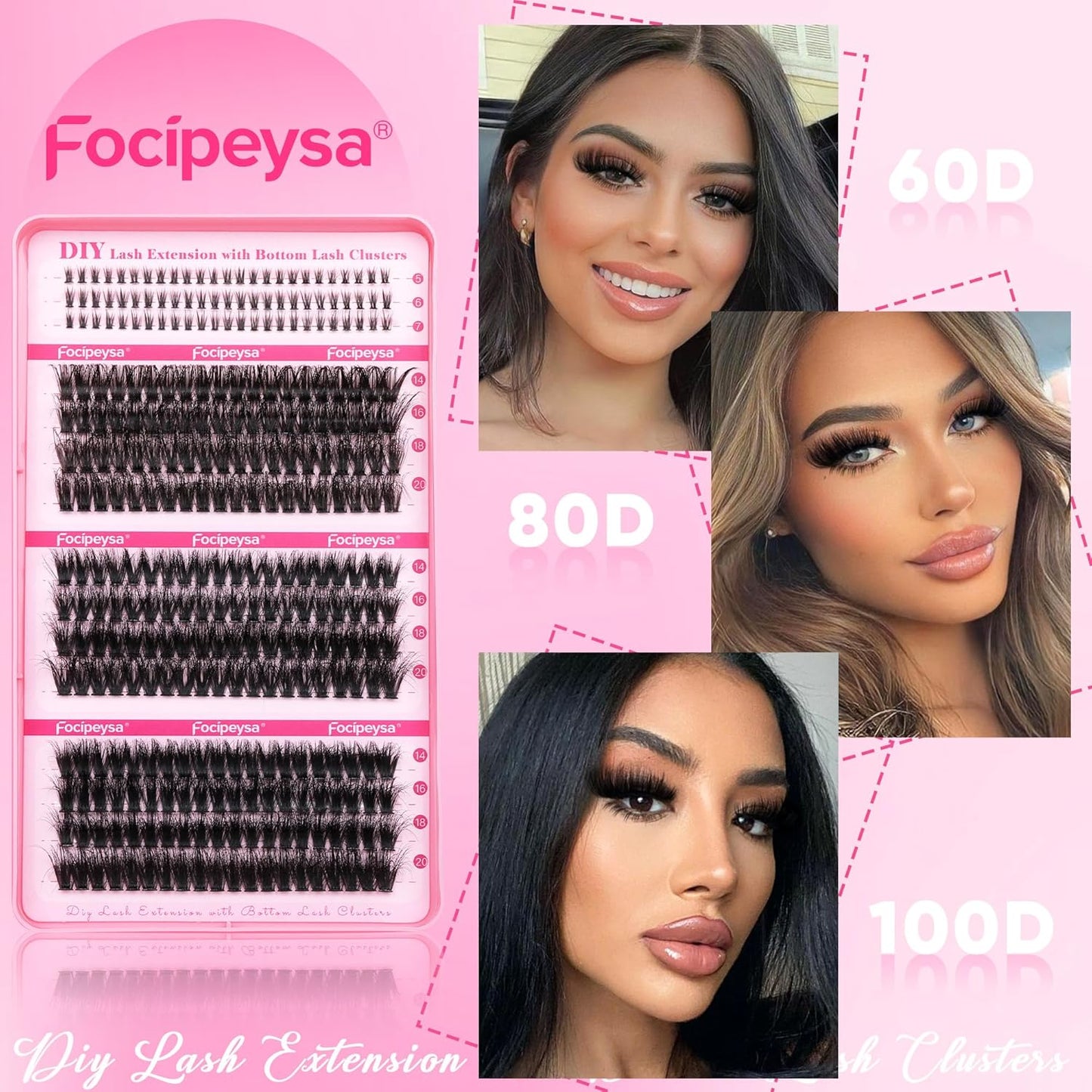 Focipeysa Cluster Eyelash Extensions Fluffy Eyelash Clusters with Bottom Lashes 14-20mm Lash Clusters 315pcs Individual Eyelash DIY Lash Extension for Beginners (60D 80D 100D Mixed)
