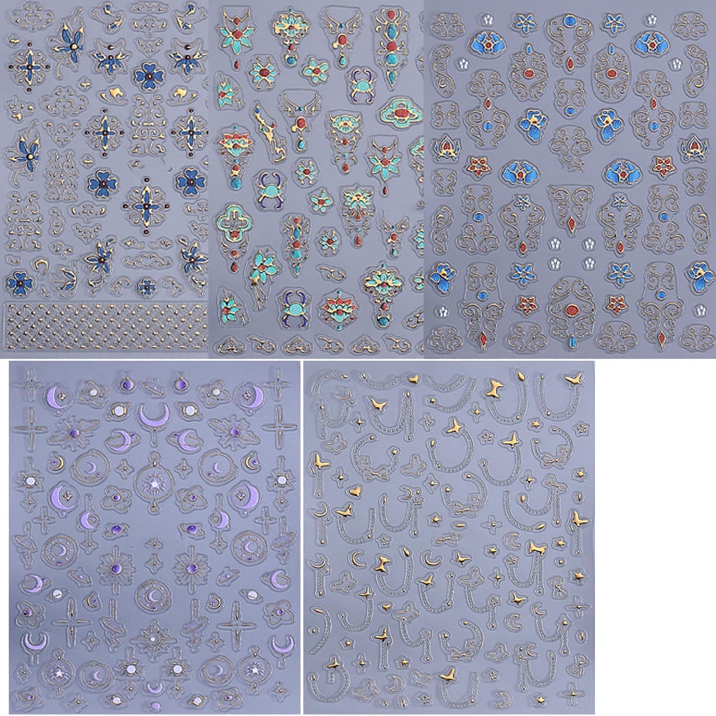 5 Sheets Bohemian Style Nails Art Stickers 3D Self-Adhesive Relief Nails Stickers Stars Moon Sun Golden Butterfly Flower Nail Decal Supplies Women's DIY Bohemian Nail Art Decoration