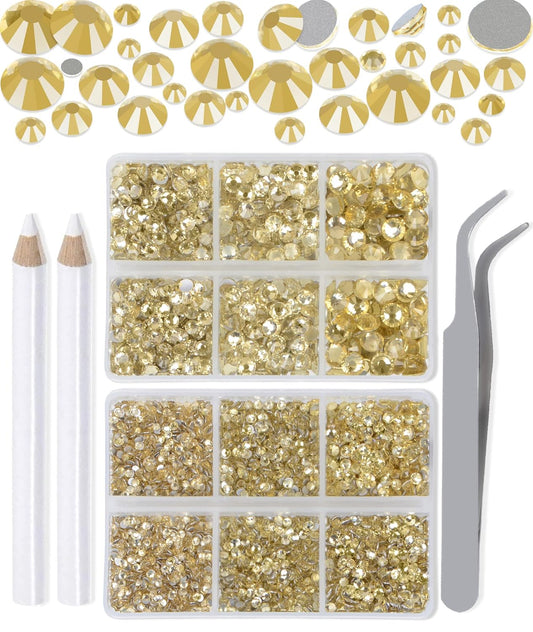 LPBeads 6000 Pieces Jonquil Non Hotfix Rhinestones 6 Sizes Round Crystal Glass Flat Back Rhinestones with Tweezers and Picking Pen for Nail Art Crafts Clothes Bags DIY