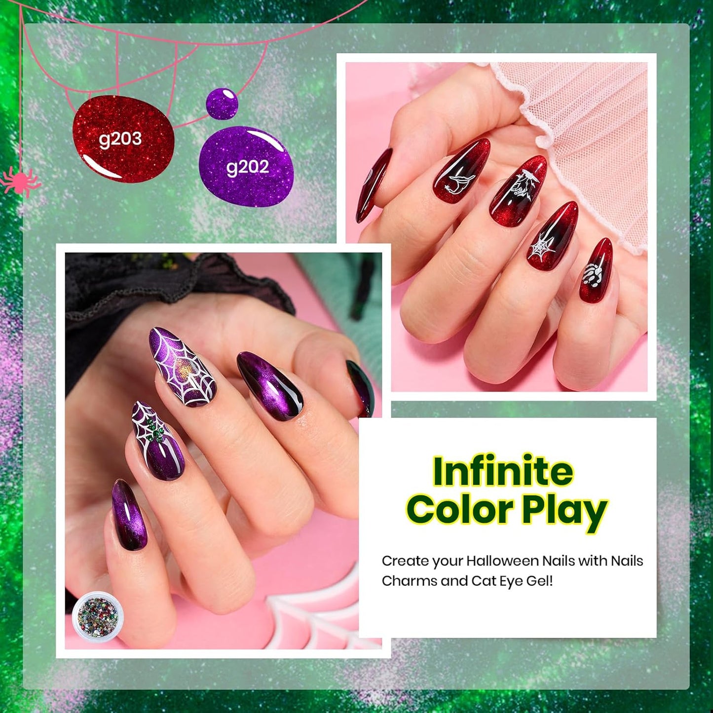 Beetles Halloween Gel Nail Polish Set – Wicked Mystic 8 Colors Gel Polish Kit, Gold Silver Black Green Blue Cat Eye Purple Red Glitter with Nail Art Accessories UV LED Soak Off Manicure Gift for Women