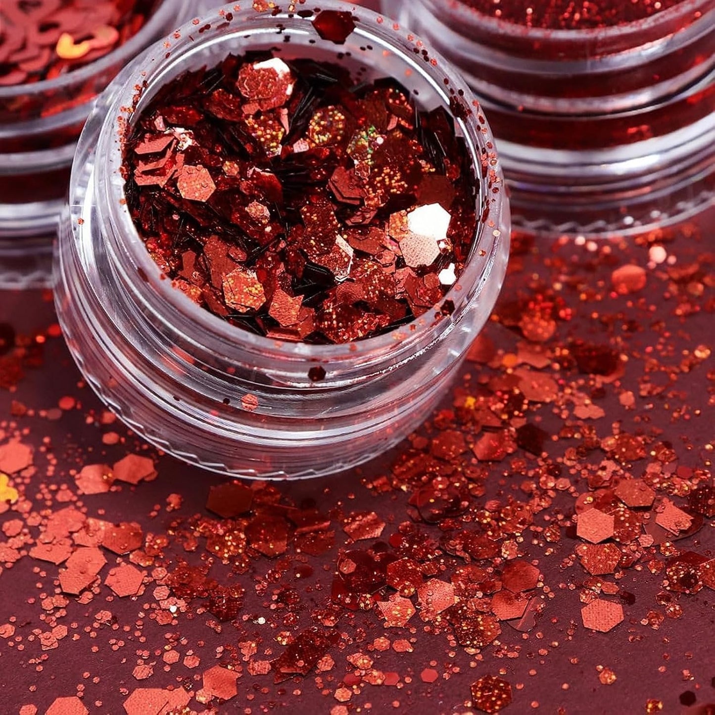 Heart Nail Art Glitter Red Valentines Day Nail Sequins Flakes, Red Manicure fine Glitter Powder, 3D Holographic Round Hexagon Nail Stickers Decals Supplies Nail Charms for Women 6 Box