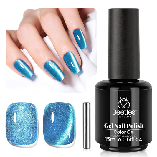 Beetles Blue Cat Eye Gel Polish, 15ML Blue Cat Eye Glitter Gel Polish with Magnet Shimmer Velvet Gel Soak Off UV Stellar Ocean Collection French Nail Art Design Manicure Summer Gifts for Women