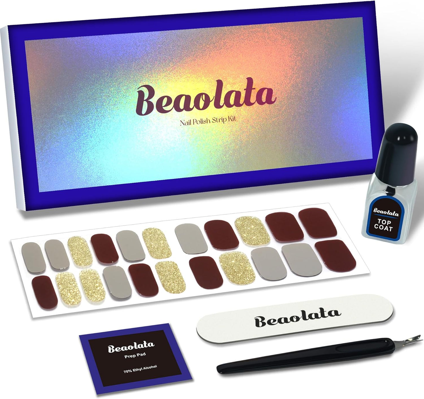 Nail Polish Strips, 44PCS Salon Quality Wraps with Top Coat, Long Lasting Gel Nail Stickers for Women Easy Apply& Remove (City Walk Brown&Gold)