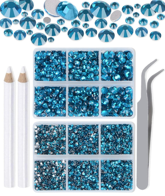 LPBeads 6000 Pieces Peacock Blue Zircon Non Hotfix Rhinestones 6 Sizes Round Crystal Glass Flat Back Rhinestones with Tweezers and Picking Pen for Nail Art Crafts Clothes Bags DIY