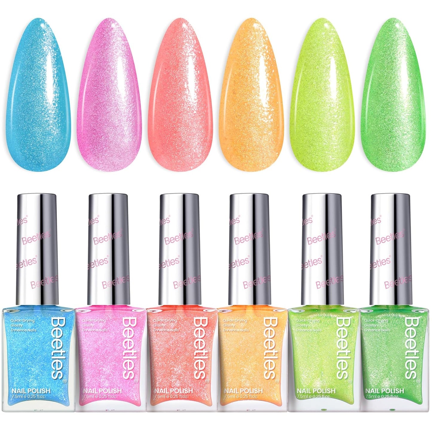Beetles Neon Nail Polish Set, 6 Colors Glitter Nail Polish Kit Shimmer Pink Blue Green Yellow Orange Neon Fever Quick Dry Fingernail Polish Gifts for Women Salon DIY Manicure Kit
