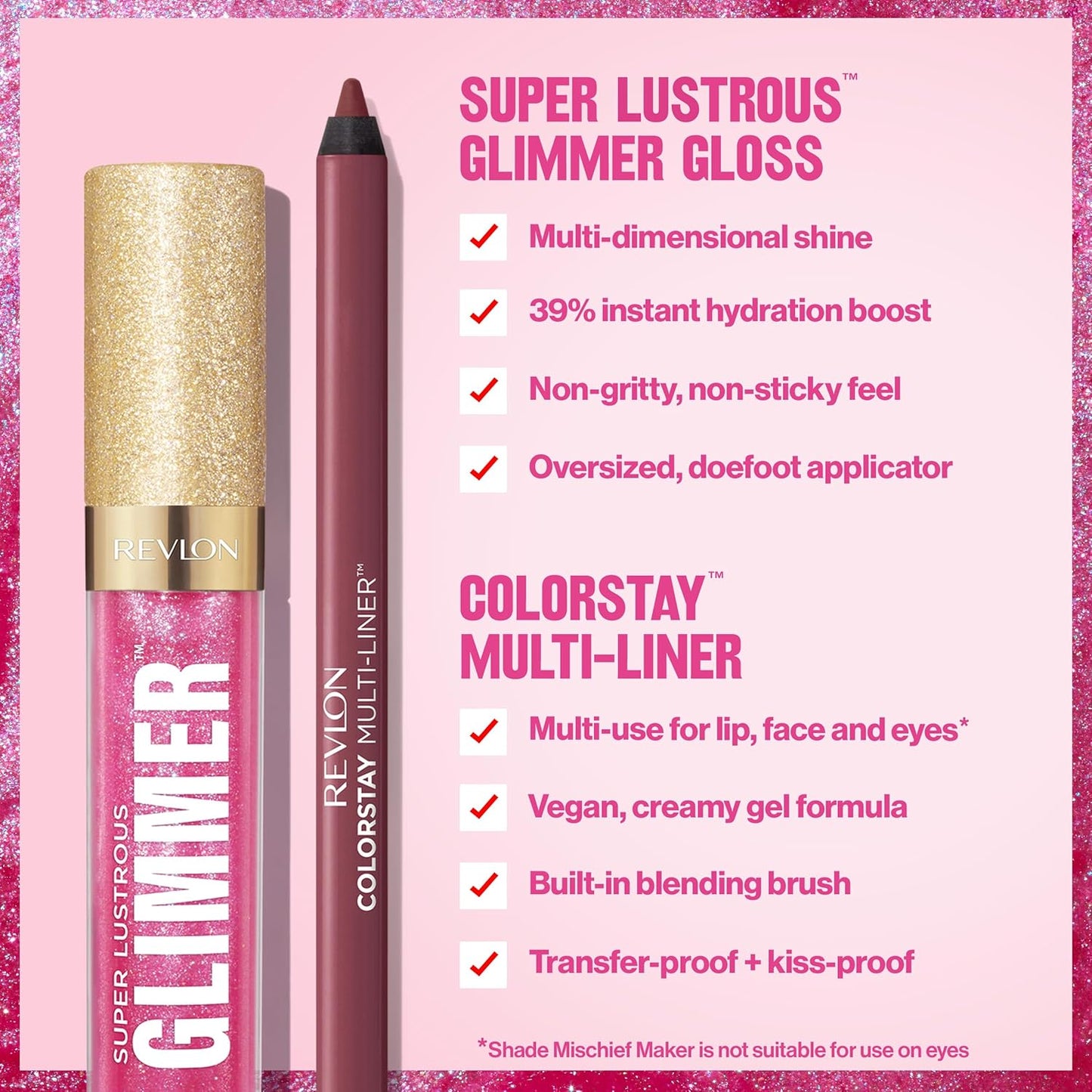 REVLON Super Lustrous Glimmer Gloss and ColorStay Multi-Liner Bundle, Glazed Almond and Off Roading, Pack of 2