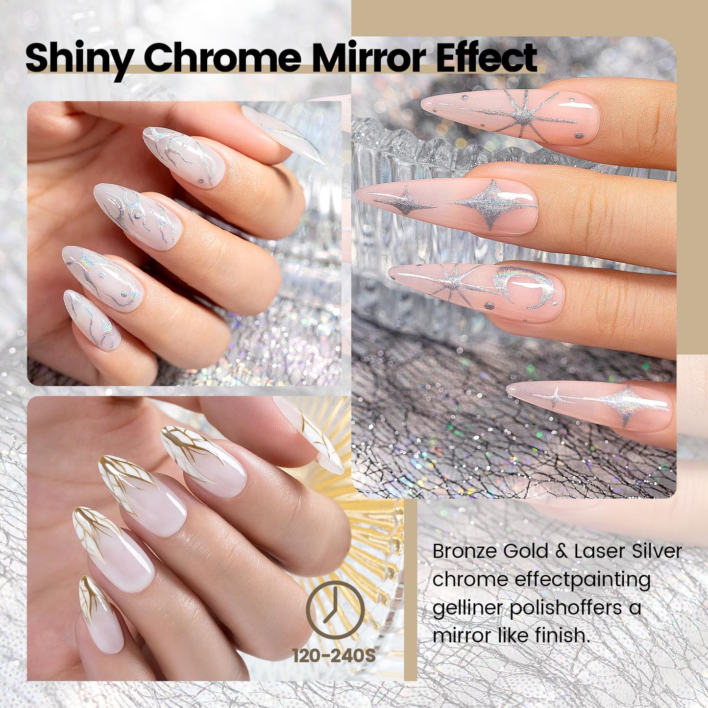 RARJSM Metallic Chrome Gel Liner Nail Art 3D Mirror Holographic Silver and Bronze Gold 2Pcs Set Gel Nail Polish 8ml Painting Build in Thin Brush Painted Drawing Striper GelPolish Curing Requires