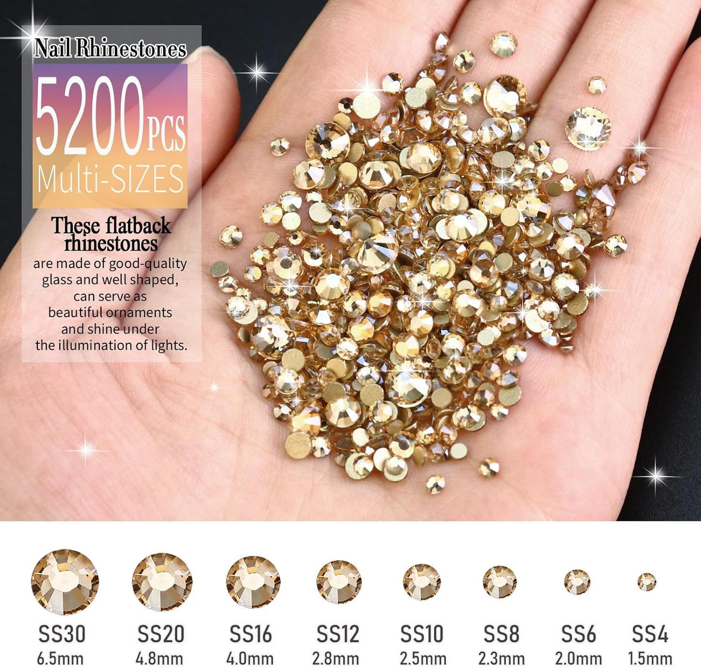 Dowarm 6000PCS Champagne Gold Nail Rhinestones, 16 Types of 800PCS Special-Shaped Diamonds + 5200PCS Flatback Rhinestones, 3D Glass Gemstones for Nail Crafts Decoration, Jewelry Gem Stones Charm