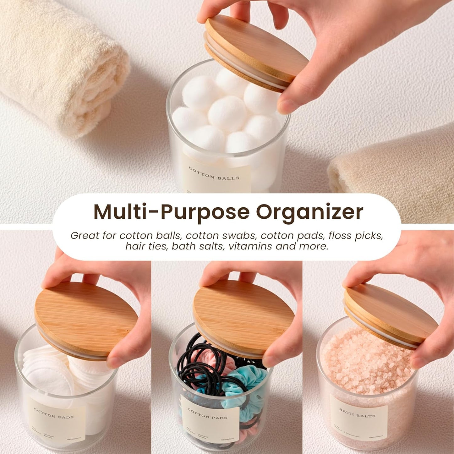 MaisoNovo Qtip Holder Bathroom Set – Airtight Q tip and Cotton Round Holder with Lid to Store Cotton Rounds, Swabs, Floss Picks, Hair Ties with Free Labels Pack - 2 Clear Jars with Bamboo Lids