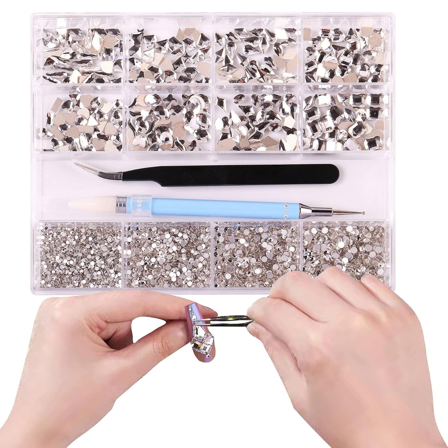 3320Pcs White Nail Art Rhinestones Crystal,HOINCO 3D Rhinestones Gems Jewels Diamond,24 Types of 320 Diamonds + 3000 Round Beads, Crystals 3D Flat Back Gemstones for Nail DIY Crafts with Tweezers Pen