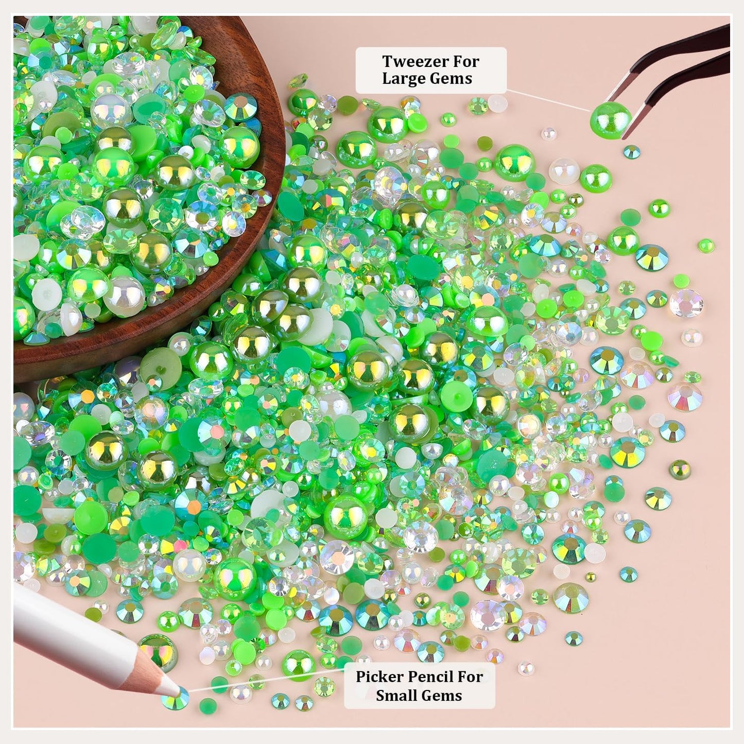 9000PCS Flatback Pearls and Rhinestones for Crafting, Green 3-10mm Resin Rhinestones and Half Pearls for Bedazzling, Nail Art and Dec with 3pcs B7000 Jewelry Glue, Tweezer and Pickup Pencil