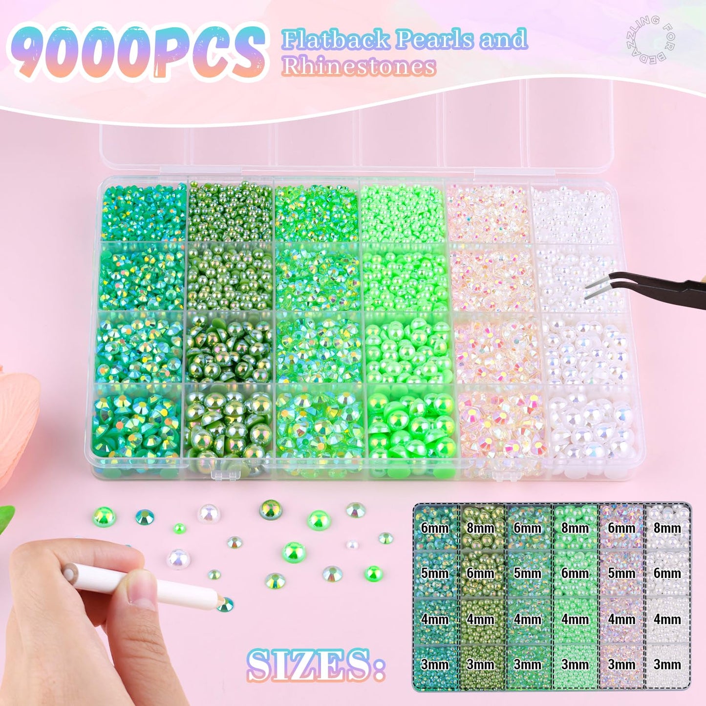 9000Pcs Flatback Pearls and Rhinestones for Crafting, Green White Mixed Size 3-8mm Resin Rhinestones and Half Pearls for Bedazzling, Nail Art and Decoration with 3pcs B7000 Jewelry Glue