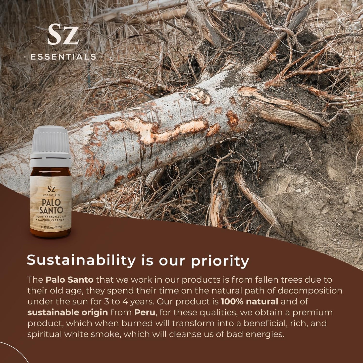 Palo Santo Essential Oil – 100% Pure – Ethically Sourced from Peru – Sacred Oil for Ritual Use, Spiritual Cleansing & Energy Clearing – Bursera graveolens – Vegan – 0.17 fl oz (5mL)