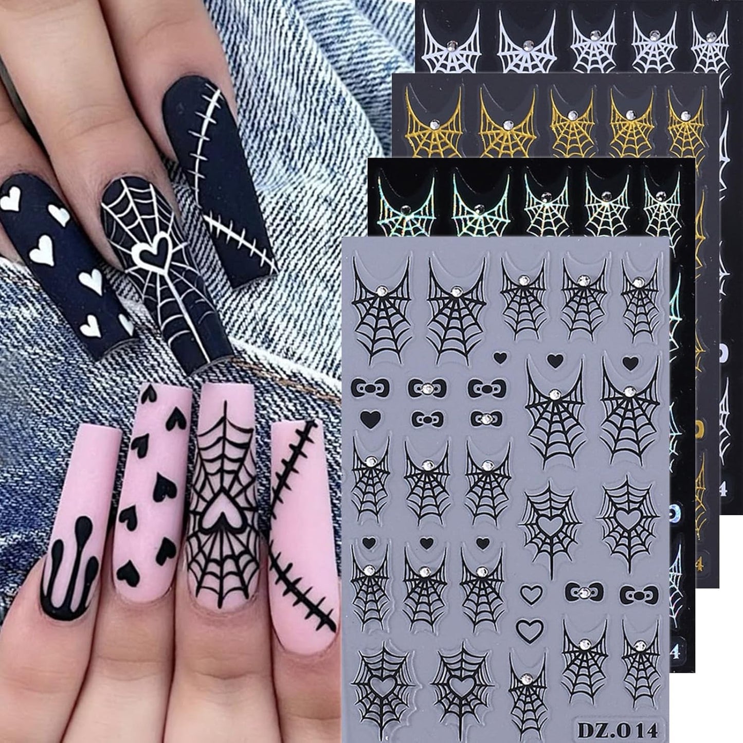Halloween Nail Art Stickers Decals Metal Spider Web Nail Decals Rhinestone Design 4PCS 3D Self-Adhesive White Laser Black Gold Spiderweb Nail Slider Sticker Holiday DIY Manicure Supplies for Women