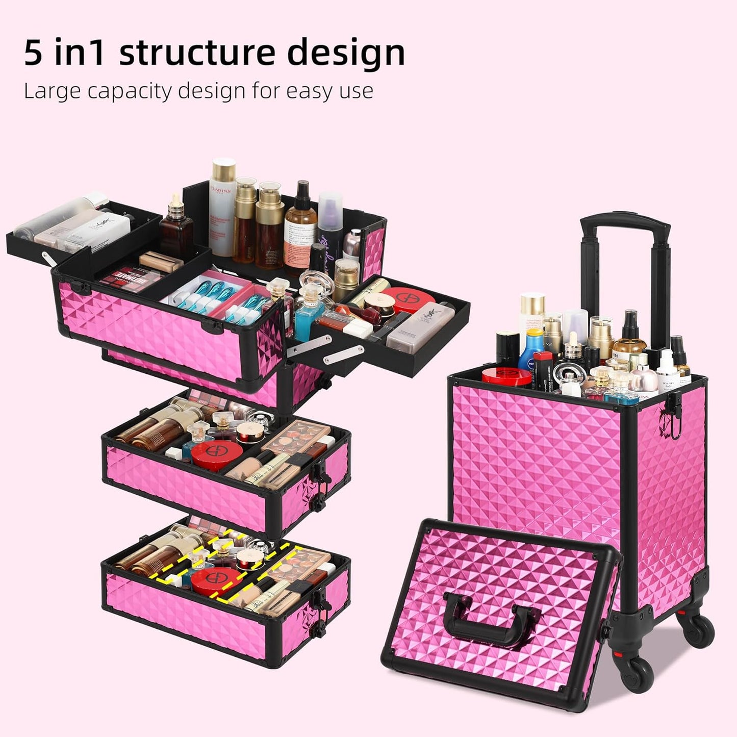 Rolling Makeup Case, Makeup Train Case with Lid, 5 in 1 Cosmetology Case on Wheels, Christmas Gift, Large Makeup Organizers, Profesional Cosmetic Case for Salon Barber, Rose Red