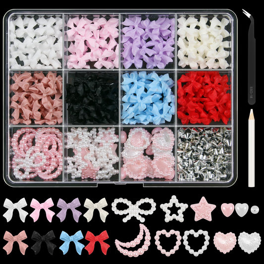 Artdone Nail Art Studs Kit, 12 grids 8 Colors 3D Charms and Pink Mix White Star Heart Moon Cute Nail Jewels for DIY Decoration
