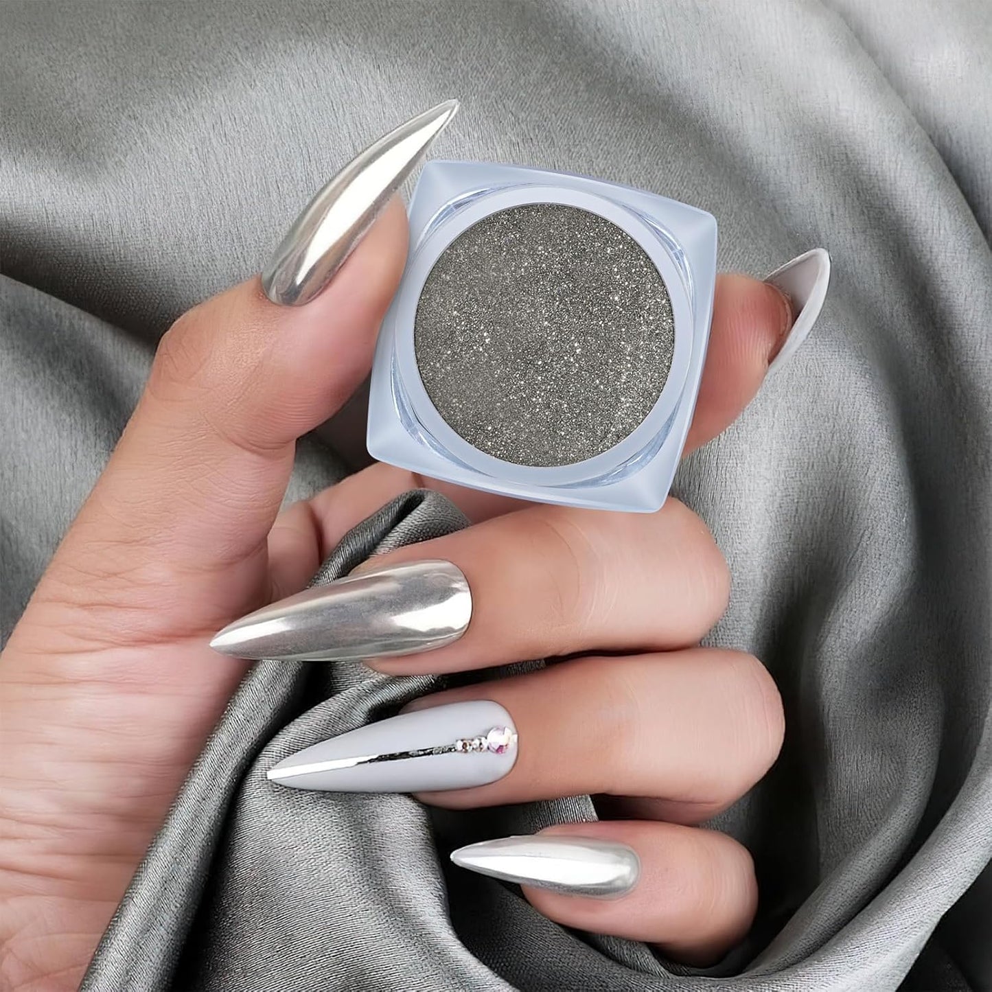 Artdone 2 Jars Chrome Nail Powder White Pearl and Silver Chrome,Iridescent Aurora Powder Metallic Mirror Effect Pigment Pearlescent Mermaid Pigment Glitter Dust Kit Acrylic Resin Craft