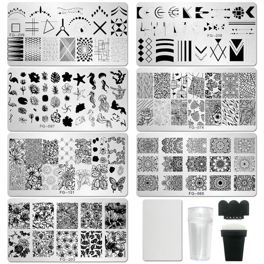 AddFavor Nail Stamper Kit 7pcs Nail Stamping Plates Flower Geometric Mandala Animal Image Nail Stencils with 2 Stamp and 2 Scraper for Home Salon Manicure Design Supplies Tools