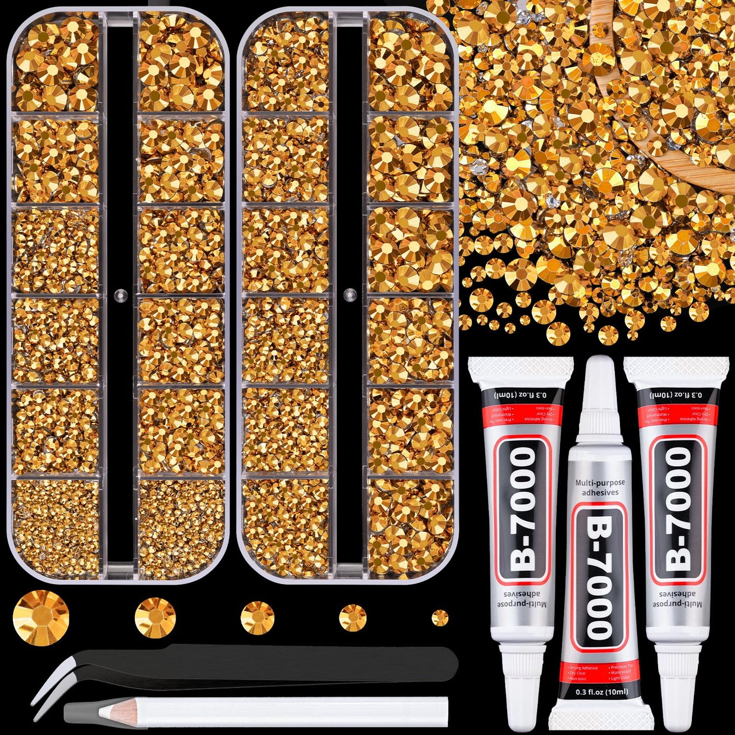 Resin Jelly Rhinestones for Crafting with B7000 Jewelry Glue, 2 Boxes Gold Flatback Crystals with 3Pcs 10ml Glue, Bedazzling Non Hotfix Gems for DIY Tumblers Clothing Shoes Manicure