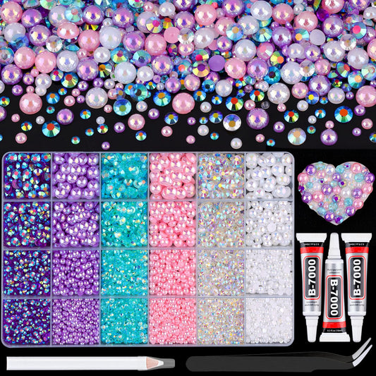 9000Pcs Flatback Pearls and Rhinestones for Crafting, Pink Purple White Mixed Size 3-8mm Resin Rhinestones and Half Pearls for Bedazzling, Nail Art and Decoration with 3pcs B7000 Jewelry Glue
